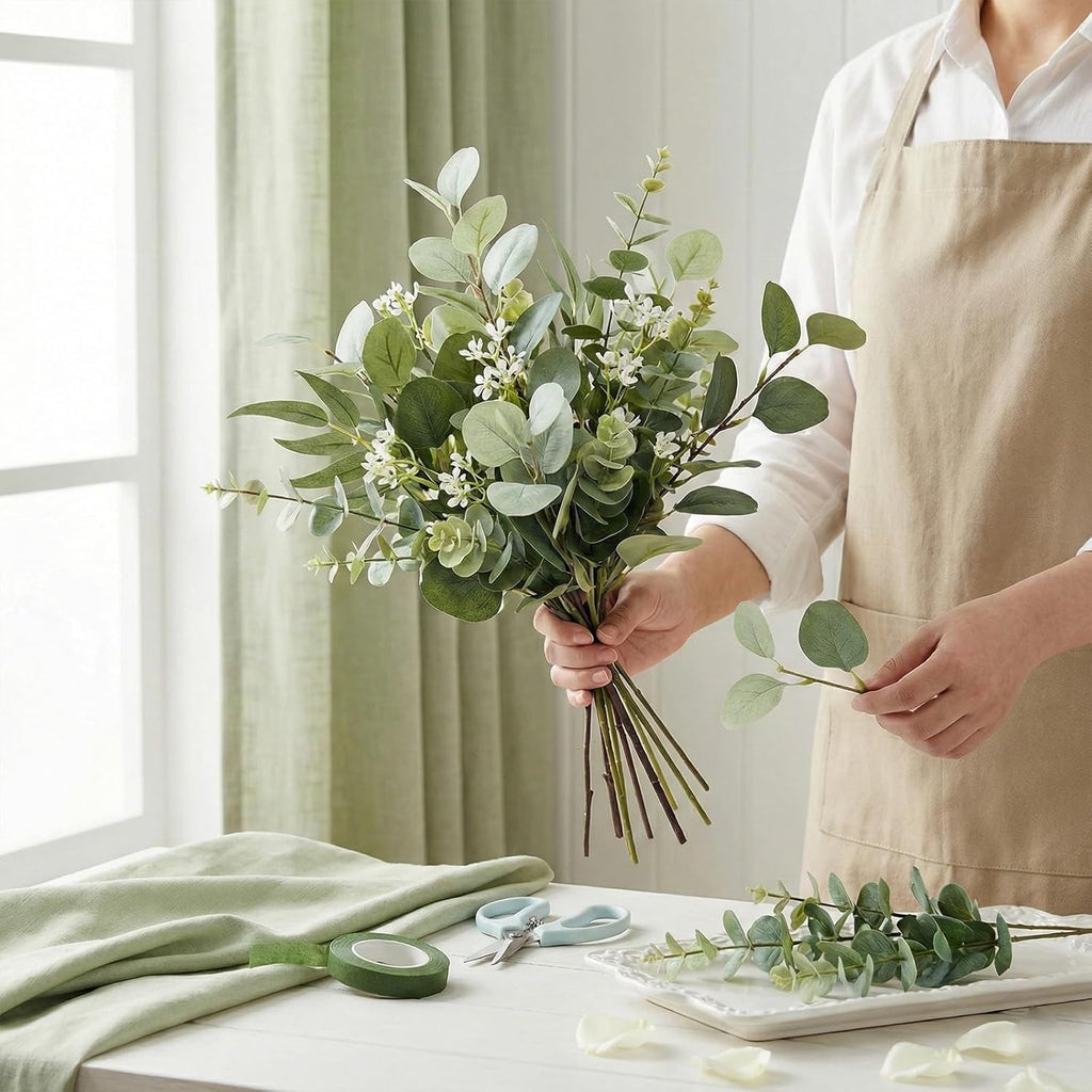 lovemoon 130 Pcs Artificial Mixed Eucalyptus Stems Bulk, 5 Kinds of Faux Greenery Eucalyptus Leaves Bulk for Vase Wedding DIY Bouquets Floral Arrangement Home Decor (130, Green)