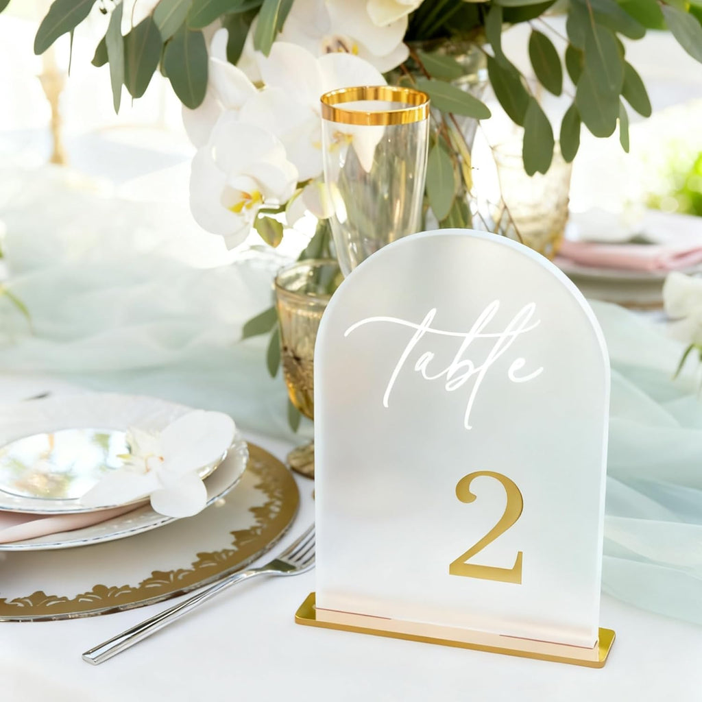 Frosted Wedding Table Numbers 1-10 with Stands, Elegant Gold 3D Arch Signs with Holder - 5.5" X 7" Arch Acrylic Table Numbers for Wedding Reception, Party, Anniversary, Events And Centerpiece