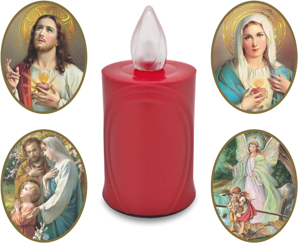 LED Votive Candle Memorial Light – Flickering Effect Like a Real Candle – Long Burning time up to 120 Days – Reusable Cemetery Remembrance Eternal Candle – RED – Mixed Saints Sticker Set