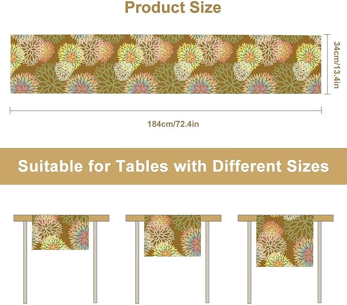 Brown Grey Dahlia Flower Table Runner, Linen Geometric Pattern Floral Table Decor Spring Farmhouse Decorations for Kitchen Dining Holiday Party Decor, 13x120 Inch