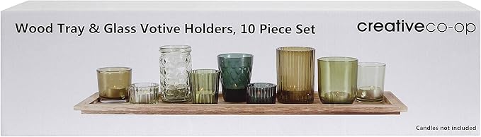 Creative Co-Op Wood Tray with 9 Green Glass Votive Holders