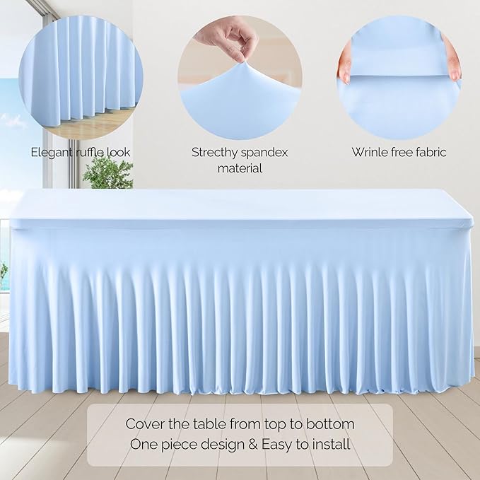Wish Care 2 Pack Baby Blue Spandex Table Clothes for 8 Foot Rectangle Tables, 8FT Wrinkle Free Fitted Tablecloths Ruffles Design Table Cover for Party, Banquet, Wedding and Events