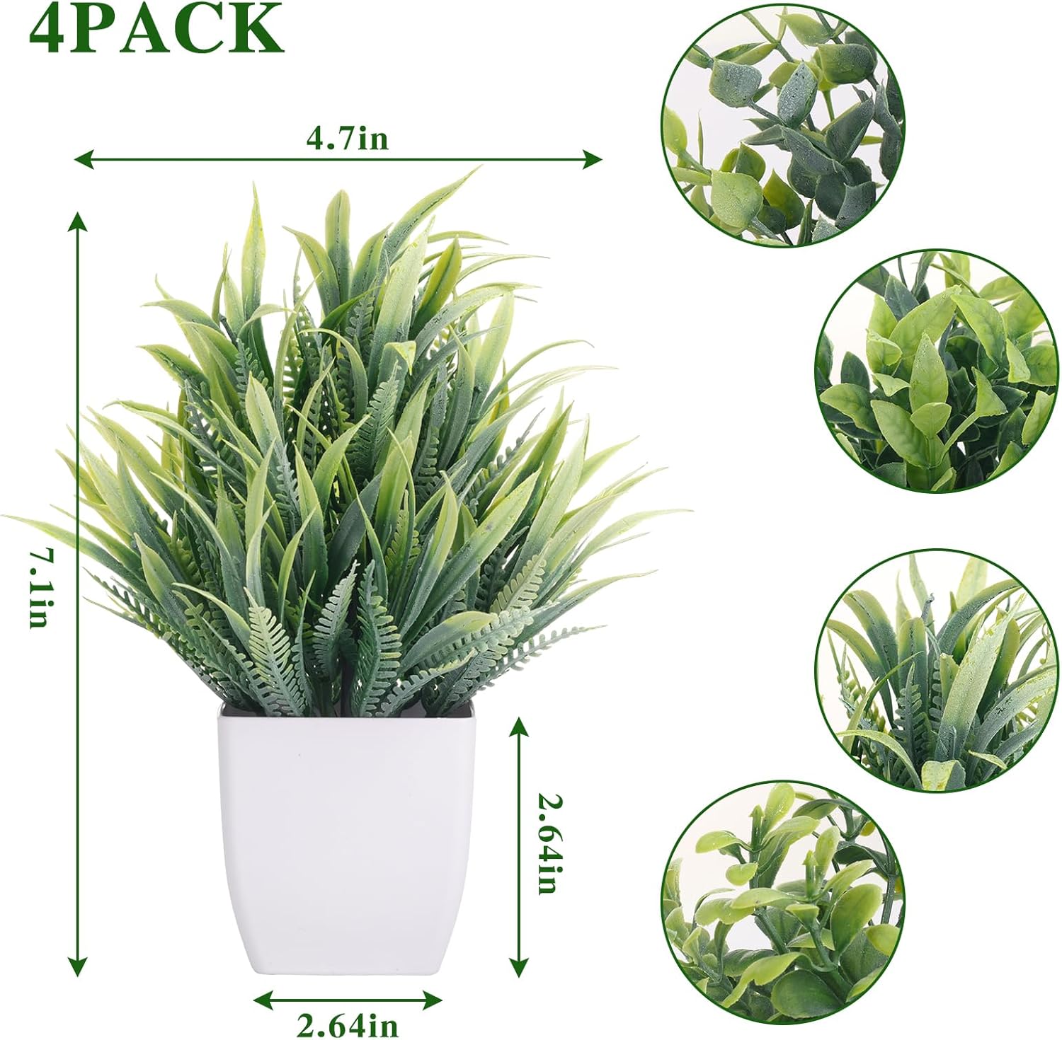 CEWOR Fake Plants 4 Packs Small Artificial Greenery Mini White Potted Plants Bathroom Accessories Decorations for Desk Bathroom Office Home Room Kitchen Table Indoor