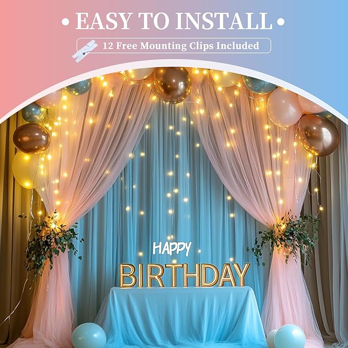 10x10ft Pink Blue Tulle Backdrop Curtain with String Lights, Wrinkle-Free Sheer Wedding Backdrop for Birthday Parties, Baby Showers, Bridal Showers, Photo Shoots and Home Decor, Pink Blue