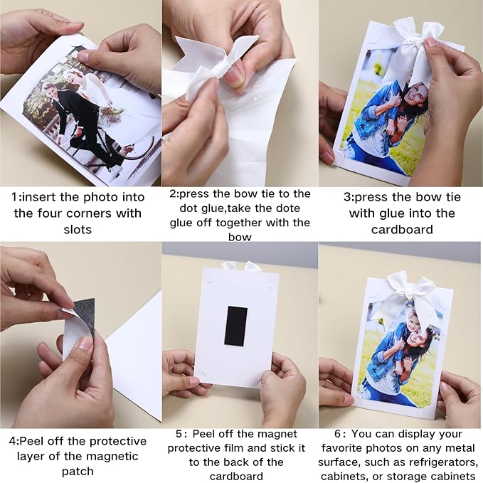 50 Pack 4x6 Magnetic Picture Frames for Refrigerator | Paper Picture Frame with Bowtie | Magnetic Photo Holders for Wire Wall Grid Panel, Locker, Classroom,Wedding,Homes, Decor - Khaki