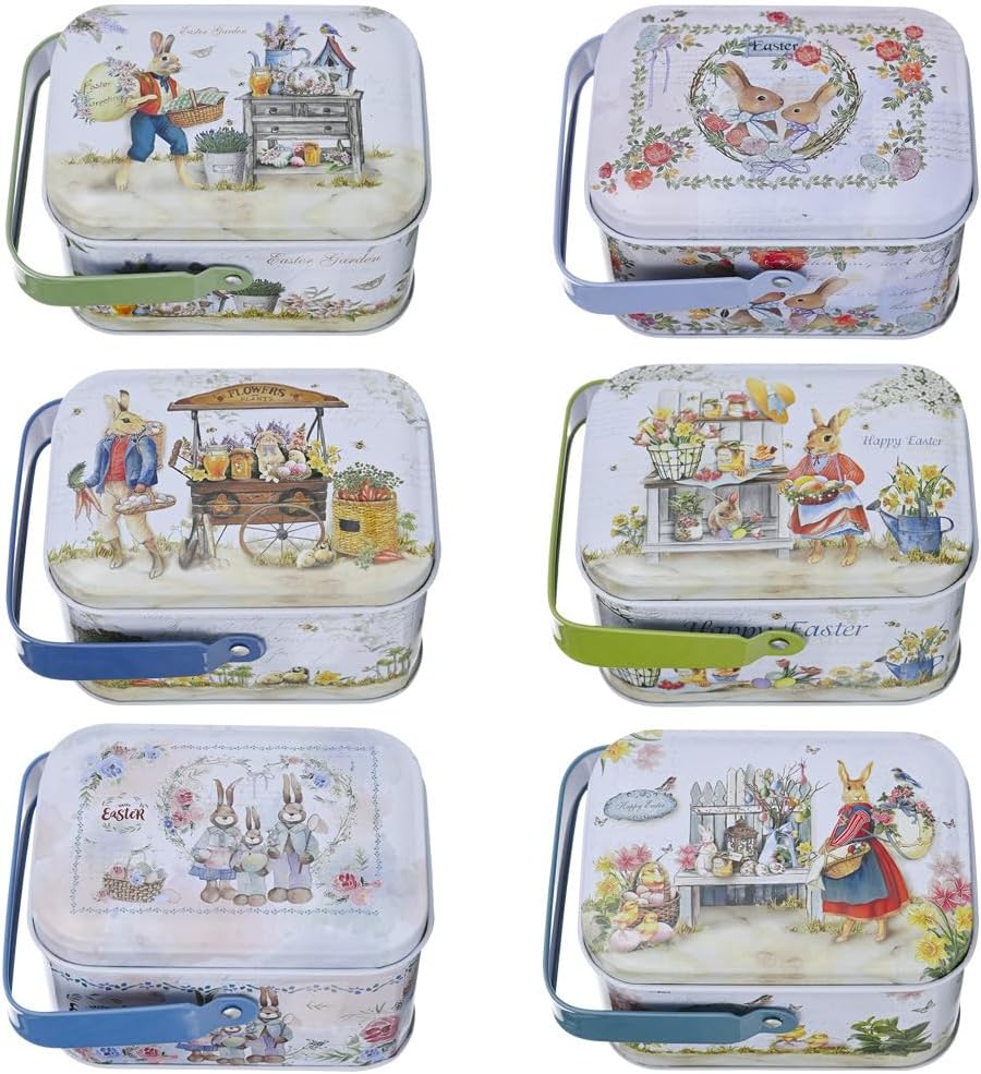 Easter Rabbit Metal Storage Tin with Handle (Style A) - 4.1" Vintage Garden Bunny Treat Box, Decorative Floral Tinplate Organizer for Easter Eggs