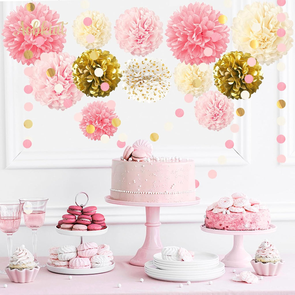 AOBKIAT Wedding Baby Shower Decorations Set,15PCS Pink Gold for Girls Women | with Tissue Paper Pom Poms,Colorful Garland String Hanging Backdrop for Birthday,Bridal Shower,Gender Reveal Celebration