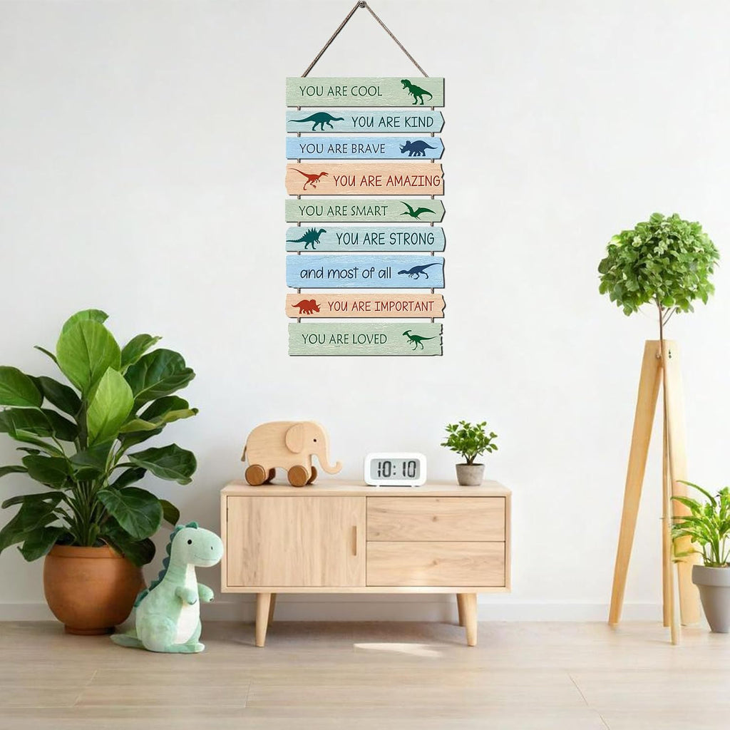 Dinosaur Wall Decor for Boys Room, 9-Piece Inspirational Wooden Signs with Positive Affirmations, Dino Nursery Decor for Toddler Kids Bedroom, Baby Boy Room Art with Motivational Quotes