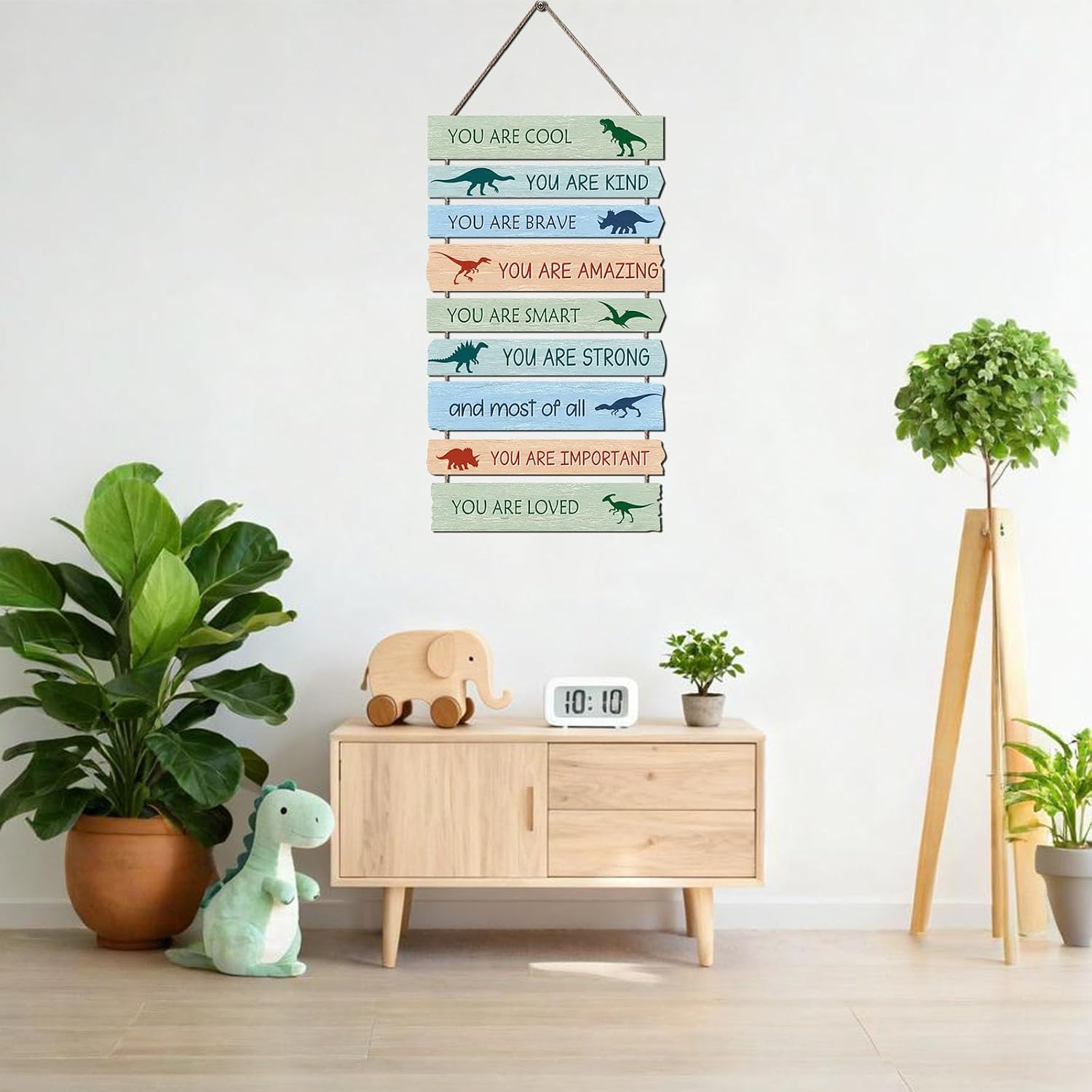 Dinosaur Wall Decor for Boys Room, 9-Piece Inspirational Wooden Signs with Positive Affirmations, Dino Nursery Decor for Toddler Kids Bedroom, Baby Boy Room Art with Motivational Quotes