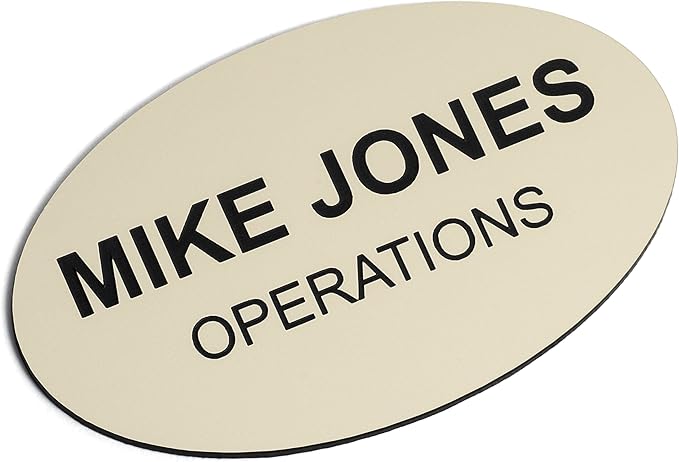 Custom Engraved Name Tag Badges – Personalized Identification with Pin or Magnetic Backing, 3.2 Inch Oval, Almond/Black