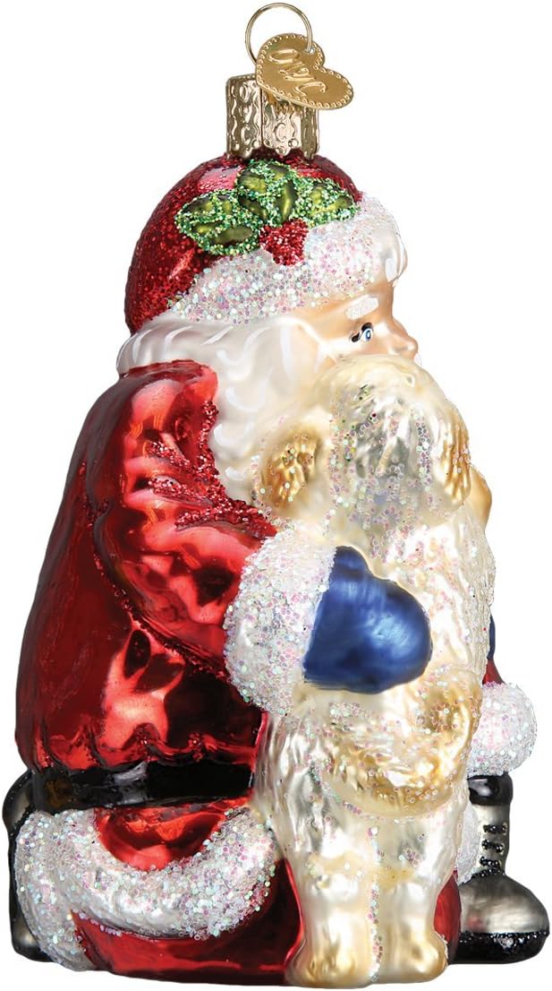 Old World Christmas Santa's Puppy Love Glass Blown Ornament for Christmas Tree, Handcrafted Holiday Decoration, Santa Collection