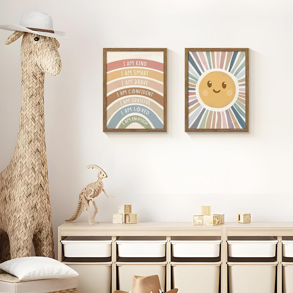 2 Piece Framed Boho Rainbow Kids Room Wall Art 12x16 Inch | Positive Affirmations Playroom Wall Decor, Sun Smiley Face Nursery Painting Canvas Prints for Classroom Toddler Room Decor