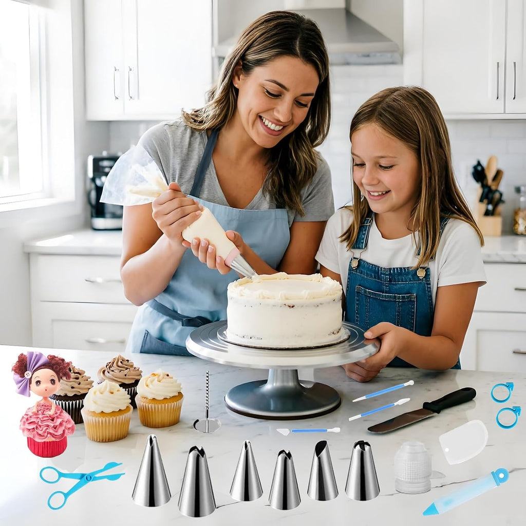 ANSLYQA Cake Decorating Kit, 393 Pcs Baking Tools | Aluminium Cake Turntable, Leveler, 55 Numbered Icing+Skirt Tips, 2 Spatulas, 100 Pastry Bags, 150 Cupcake Liners & More