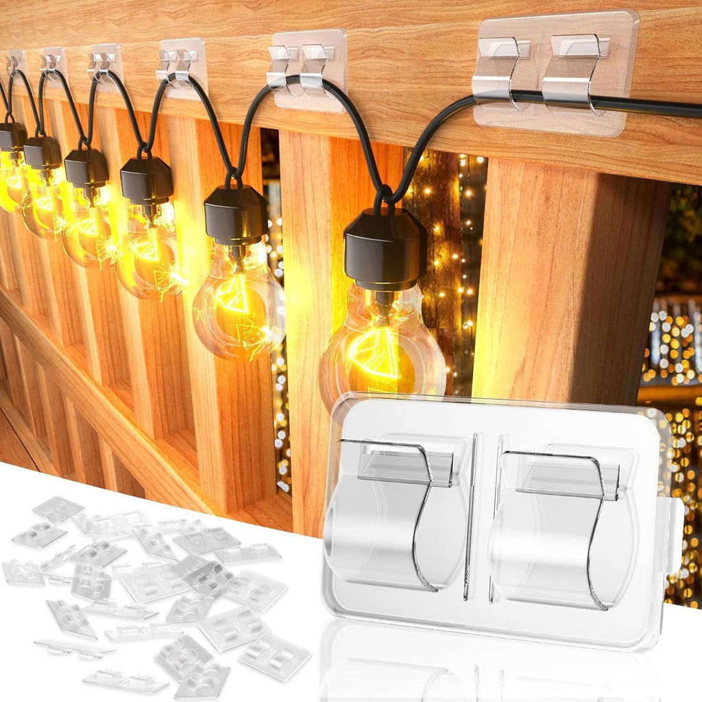 Keviyi Hooks for Outdoor String Lights Clips: 26Pcs Double Hooks for Hanging - Heavy Duty Clear Cable Clips with Waterproof Adhesive Strips - Outside Sticky Hooks No Drill