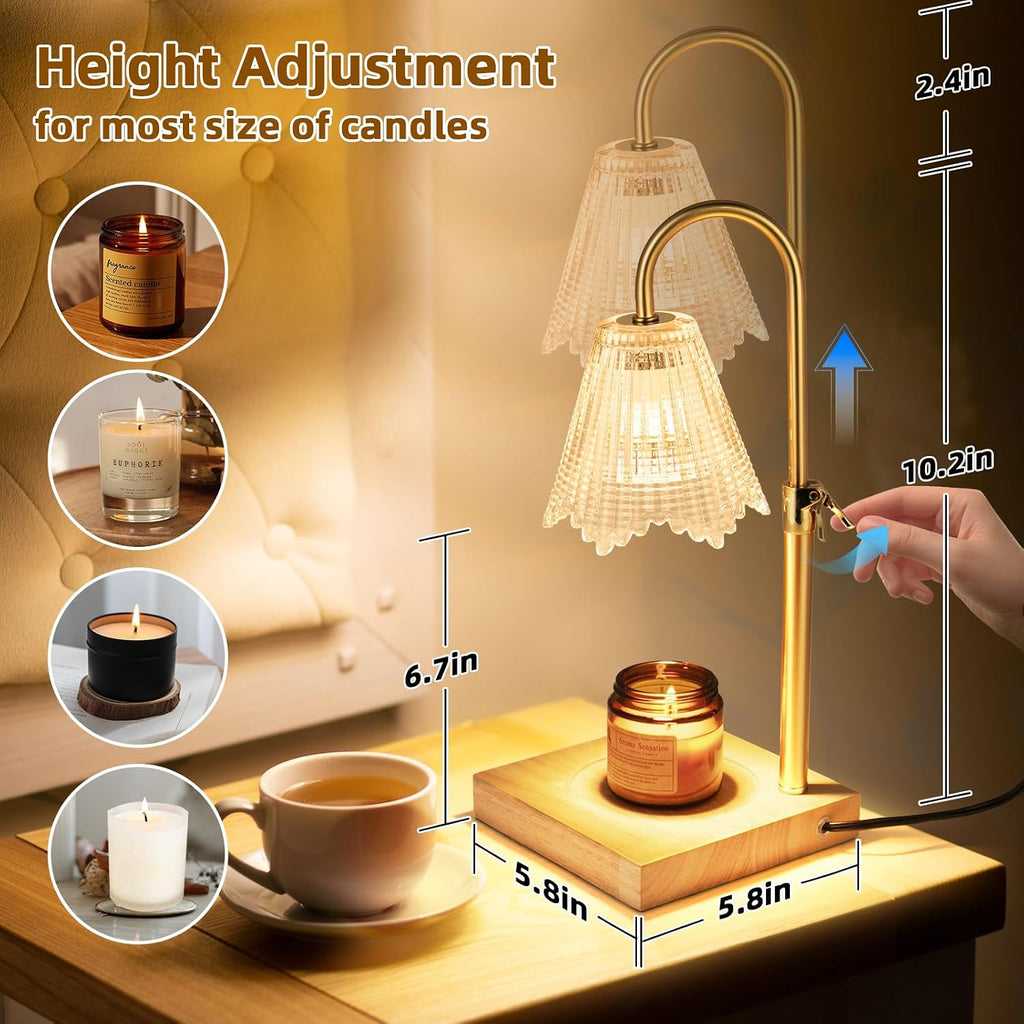 Candle Warmer Lamp with Timer Dimmer, Adjustable Height Electric Candle Warmer with 2 Bulbs, Wax Warmer for Home Decor, GIFS for Mother Day, Christmas, Wooden Based