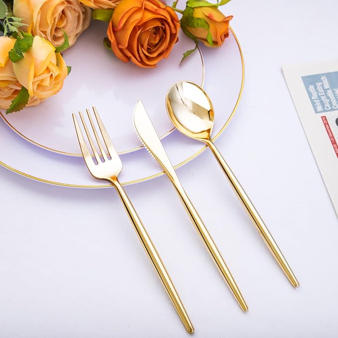 SUT 300 Pcs Gold Plastic Cutlery, Gold Utensils Disposable, Gold Plastic Silverware Set Include 100 Gold Plastic Forks, 100 Gold Plastic Spoons, 100 Gold Plastic Knives Heavy Duty Flatware for Party