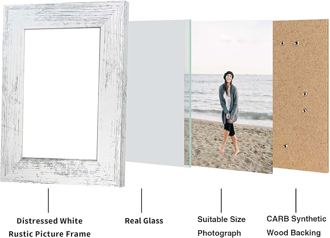 4x6 Picture Frame Set of 4, High Definition Glass Distressed White Frame, 4 x 6 Wood Photo Frames for Tabletop Display and Wall Mounting