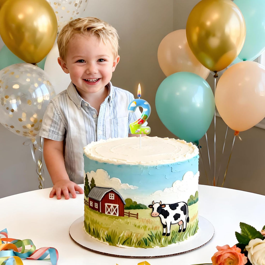 Farm Theme Number 2 Birthday Candle, Barnyard Cake Topper for Boys Girls, Farm Party Cake Decoration
