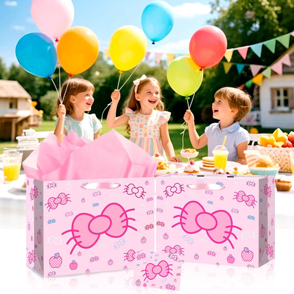 Cut-Nic 12" Pink Bow Gift Bag for Girl, Cartoon Birthday Gift Bag with Cute Greeting Card and Tissue Paper for Birthday, Wedding, Bridal Shower, Baby Shower Party Supplies