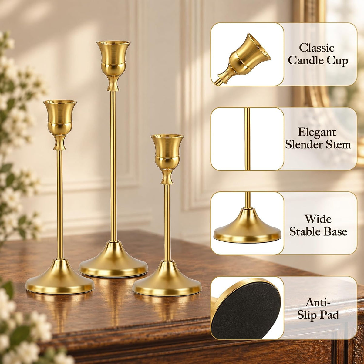 Gold Candle Holders for Candlesticks 8 Sets(24 PCS), Tapered Candlestick Hold...