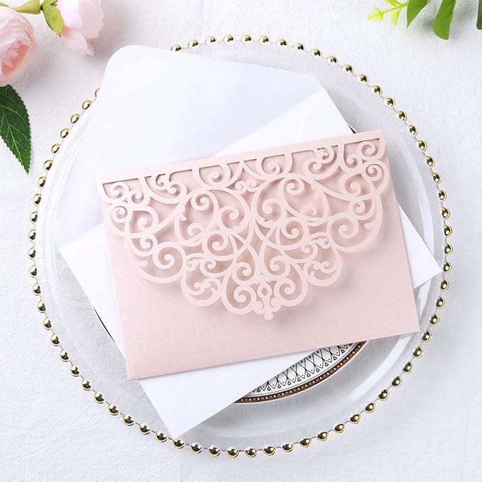 PONATIA 5.12 x 7.2 Inches 20PCS Tri-Fold Laser Cut Wedding Invitation Pocket with Envelopes for Wedding Bridal Shower Engagement Birthday Invite (Blush Pink, 20pcs No Inner Sheet)