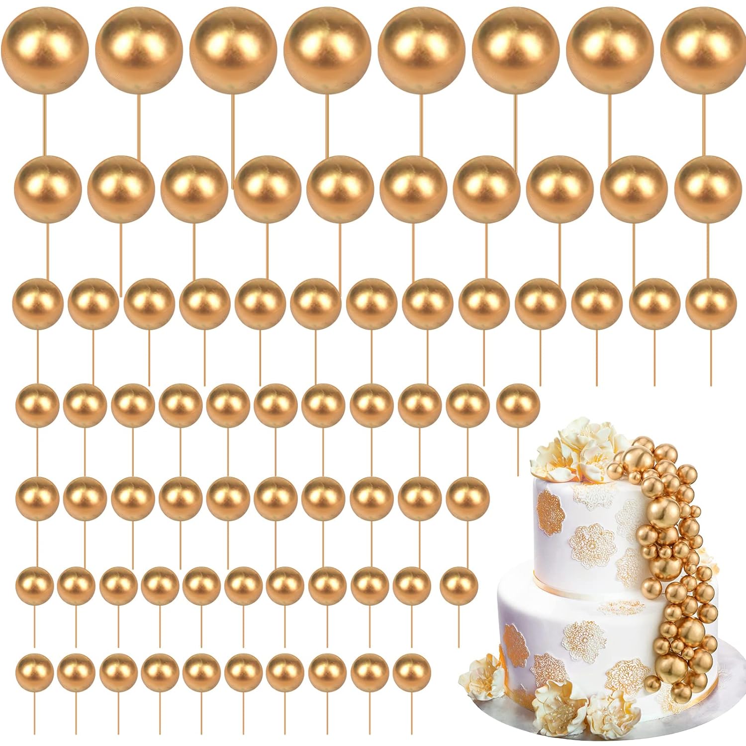 108 Pcs Balls Cake Topper DIY Cupcake Insert Foam Balloons for Cake Baking Wedding Anniversary Birthday Decoration(Gold,Multi Sizes)