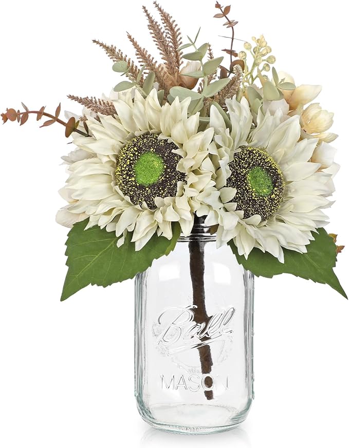 Silk Sunflowers Artificial Flowers with Mason Jar Centerpiece for Table White Fall Flowers in Vase Small Fall Floral Arrangement with Vase Thanksgiving Centerpiece for Dining Room Table Autumn Decor