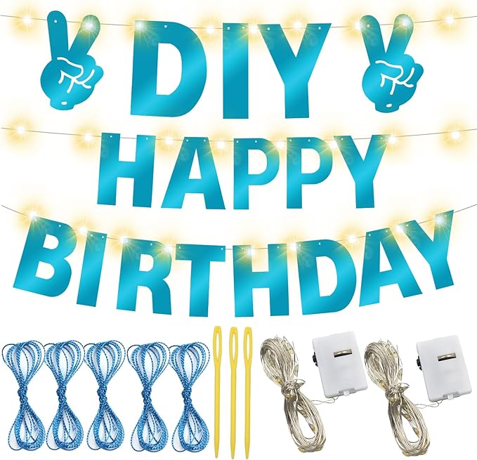 175Pcs DIY Glitter Customizable Banner Kit Happy Birthday Custom Letters Banner Happy New Year Personalized Banners Decor Christmas Baby Shower Birthday Party Decoration Supplies(Shiny Light Blue)