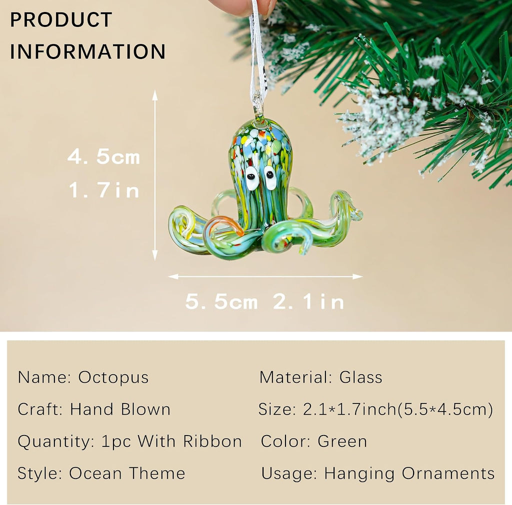 2'' Art Glass Octopus Coastal Hanging Ornament Blown Glass Sea Animal Pendant Collection for Christmas Tree & Beach Holiday Decoration