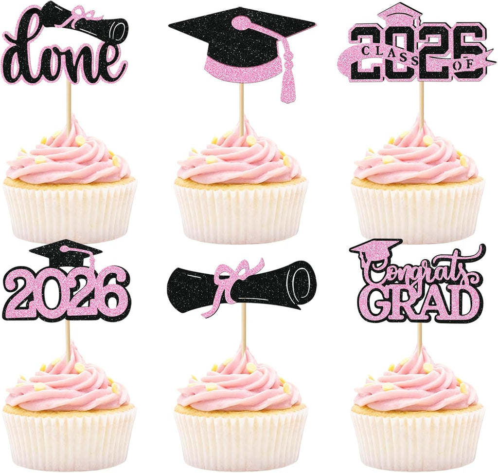 Pink Graduation Cupcake Toppers 2026, 36pcs Glitter Class of 2026 Cupcake Toppers for Graduation Party Decoration Grad Cap Diploma Done Congrats Grad Picks for Food Dessert Party Supplies