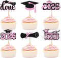 Pink Graduation Cupcake Toppers 2026, 36pcs Glitter Class of 2026 Cupcake Toppers for Graduation Party Decoration Grad Cap Diploma Done Congrats Grad Picks for Food Dessert Party Supplies