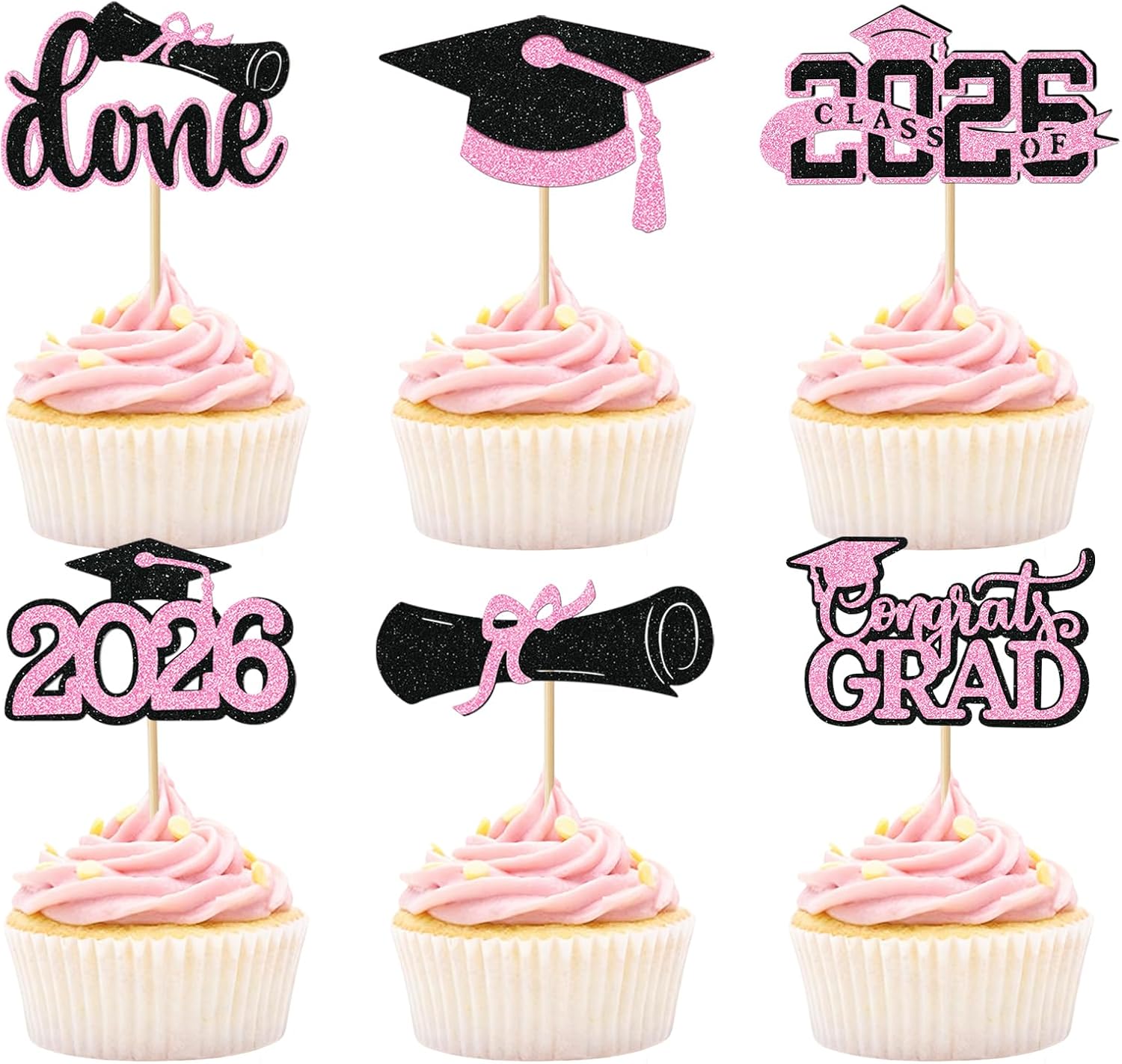 Pink Graduation Cupcake Toppers 2026, 36pcs Glitter Class of 2026 Cupcake Toppers for Graduation Party Decoration Grad Cap Diploma Done Congrats Grad Picks for Food Dessert Party Supplies