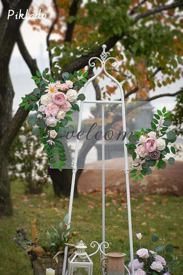 Faux Flower Swag Set of 2 for Wedding Welcome Signs Floral Swag Wedding Reception Ceremony Signs Decor (Pink)