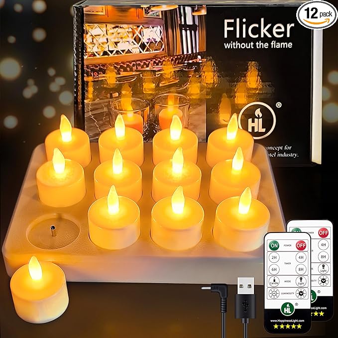 HL Rechargeable Tea Lights with Remote & Charging Base,12pcs 50+Hours Rechargeable Battery Operated Tea Lights Timer, LED Votive TeaLights Flameless Candles Yellow Light for Wedding Home Party Decor