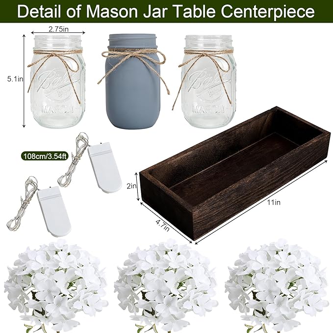 Mason Jar Lights Centerpiece Table Decor for Dining Room Farmhouse Coffee Table Decor with Wood Tray Fairy Lights Fake Hydrangea Flowers for Kitchen Living Dining Room - White