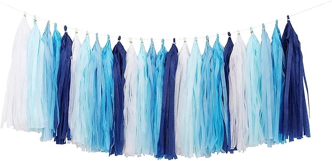 Fonder Mols 25pcs Navy Blue White Tissue Paper Tassel Garland Tassel Banner for Nautical Baby Boy Shower,Boy Gender Reveal, First Nautical,Shark Birthday Party, Photobooth Backdrop Decorations A05