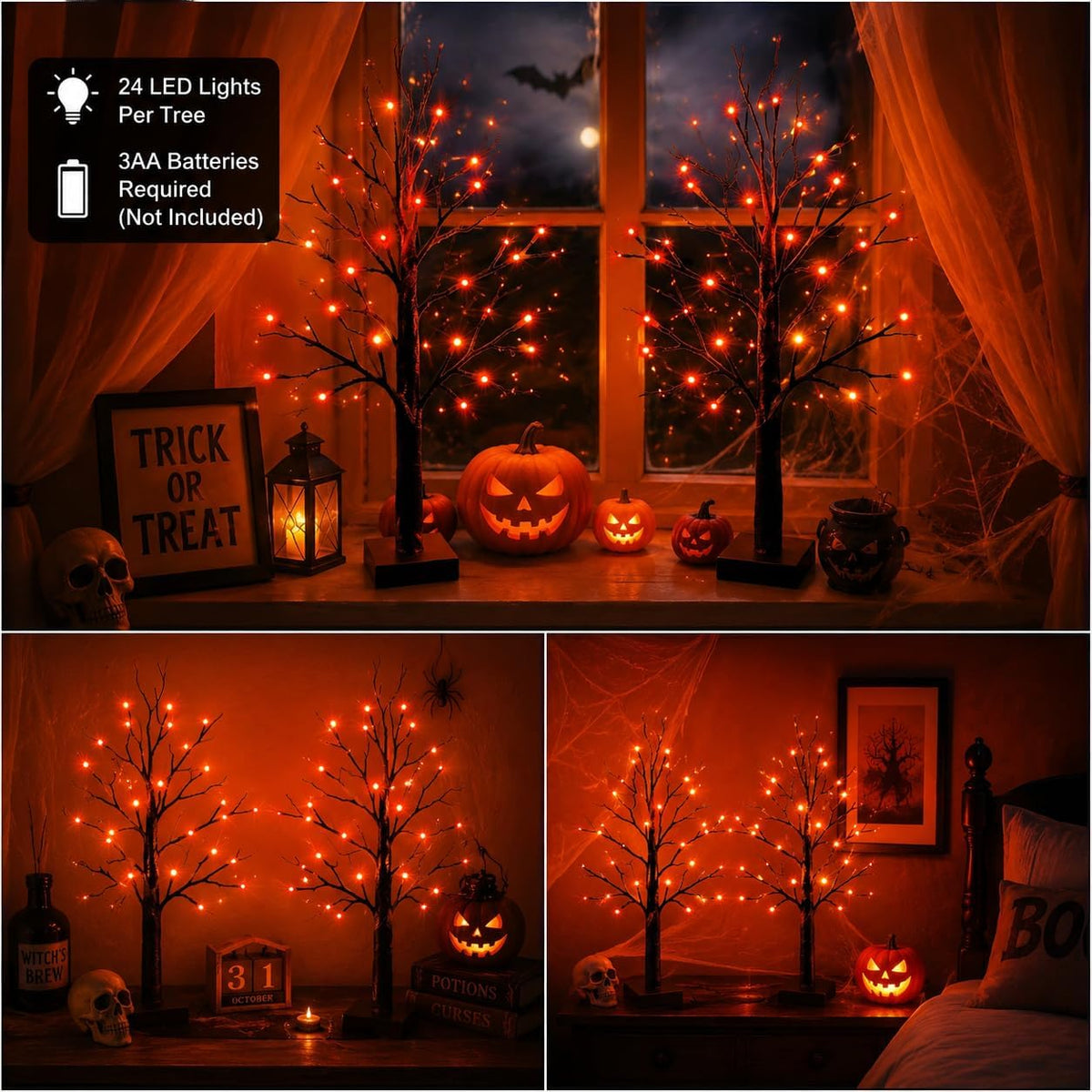 2 Pack 24 Inch Halloween Decorations Black Halloween Tree 48 led Orange Light...