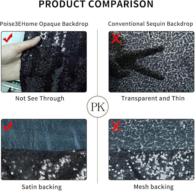 Poise3EHome 6Ft x 8Ft Black Sequin Backdrop, Glitter Thick Satin Background Drapes, Sparkly Opaque Photography Curtain, Sequence Xmas Thanksgiving Backdrop for Wedding Party Holiday Festival Decor