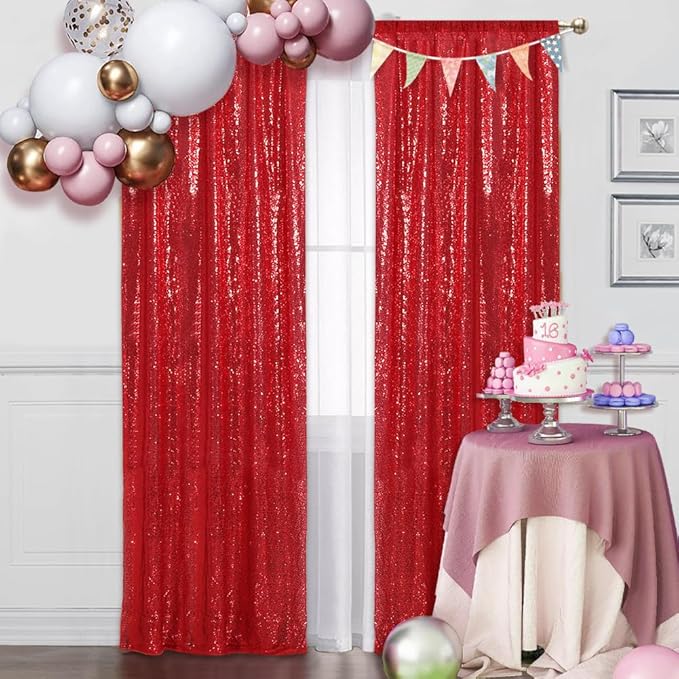 SquarePie Sequin Backdrop Curtain Non-Transparent Sparkly Background for Christmas Wedding Party 2FT x 8FT Red 2 Panel