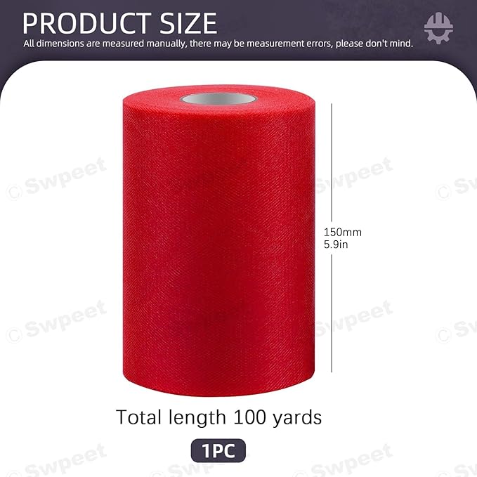 Swpeet 6 Inch by 100 Yards Red Tulle Fabric Roll, Fabric Spool Tulle Ribbon, Netting Polyester Spool Ideal for DIY Handmade Birthday Party Wedding Decorations Christmas Craft Supplies