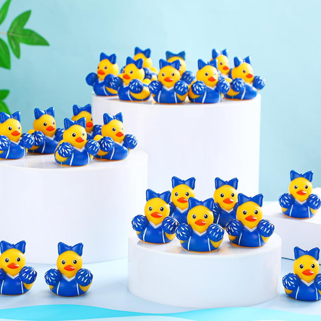MiniInflat 12 Pcs Cheer Team Gifts Bulk Cheerleader Mini Rubber Ducks with Bows Cheer Party Favors Ducks Cheerleading Competition Gifts Accessories Goodie Bags Stuffers Party Decorations (Blue)