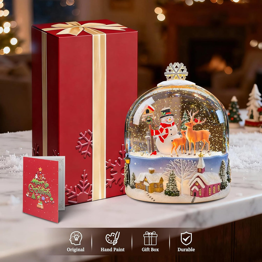 SUNFACE Snowman Christmas Snow Globe Lantern, Musical Light Up Snow Globe with Reindeer Cardinal Pine Trees, LED Glitter, 8 Classic Songs, 6H Timer, 3 AA or USB Powered, Gift for Adults Women Men