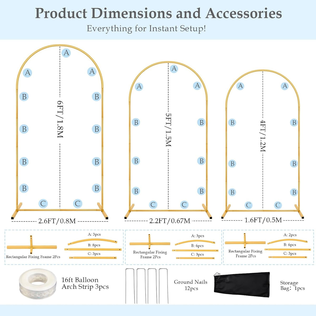 6ft,5ft,4ft balloon arch stand kit with base set, side view