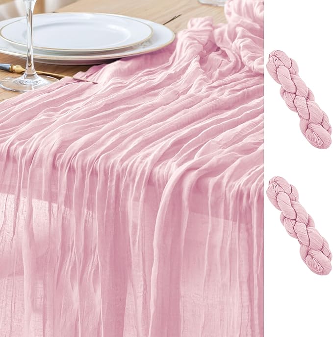 Asee'm 2pcs Cheesecloth Table Runner 120 Inches Blushing Pink Boho Gauze Cheese Cloth Runner 10FT Rustic Sheer Fall Table Runners for Thanksgiving Wedding Baby Shower Holiday Party Decoration