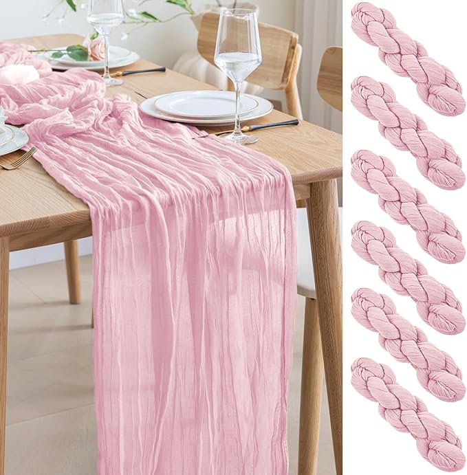 Asee'm 6pcs Cheesecloth Table Runner 120 Inches Blushing Pink Boho Gauze Cheese Cloth Runner 10FT Rustic Sheer Table Runners for Summer Wedding Baby Shower Holiday Party Decoration