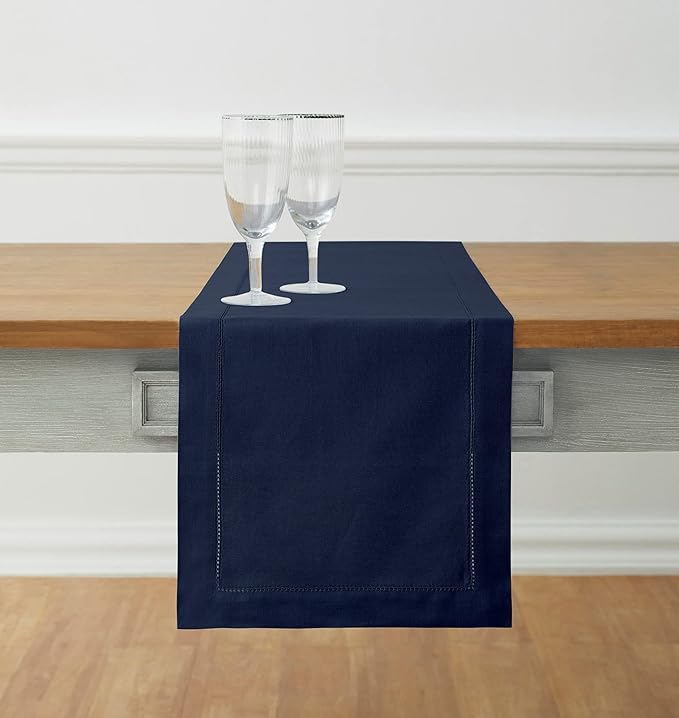 Solino Home Navy Blue Table Runner 132 Inches Long - Cotton Linen Hemstitch Extra Long Table Runner 14 x 132 Inch for Fall, Autumn, Thanksgiving, Christmas, Holiday