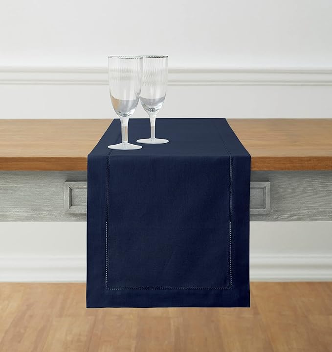 Solino Home Navy Blue Table Runner 48 Inches - Cotton Linen Hemstitch Coffee Table Runner 14 x 48 Inch Ideal for Dresser Tables - Fall, Autumn, Halloween, Thanksgiving, Christmas, Holiday