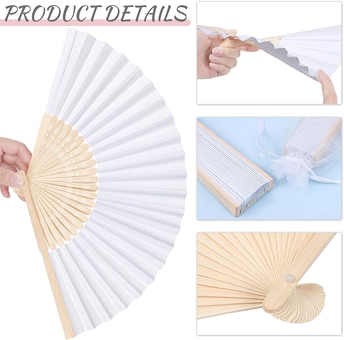 MCEAST 80 Pieces White Folding Paper Fans Wedding Fans Handheld Paper Fan White Bamboo Hand Fan Foldable Cool Favors with 80 Organza Bag for DIY Decor Wedding Party Favors Summer Guest