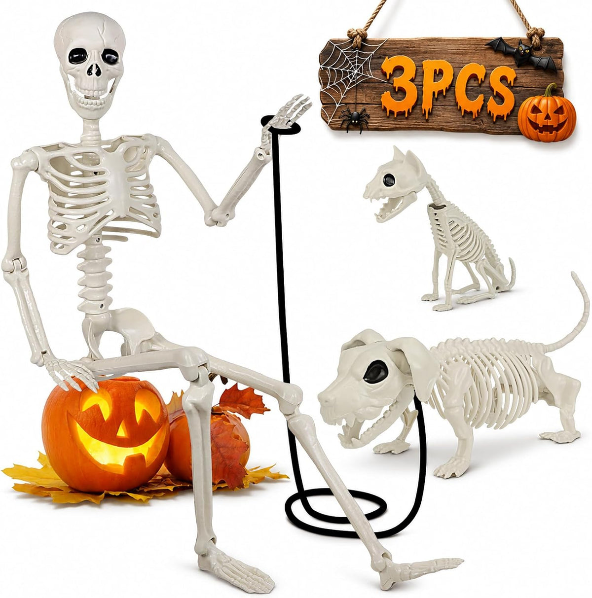 36" Halloween Skeleton Decorations - 3FT Posable Skeleton with Dog &...