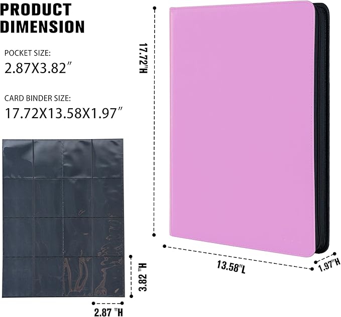 Premium 1000+ Pockets Card Binder,16 Pockets Trading Card Binder Ringless Side Loading Trading Card Album Folder for TCG -Pink Purple